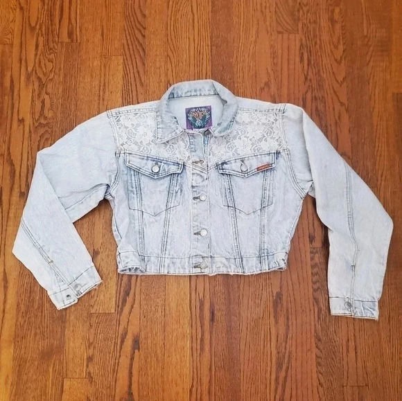 JORDACHE - VINTAGE 90s Acid Qash Cropped Denim & Lace Jacket - Picture 1 of 9